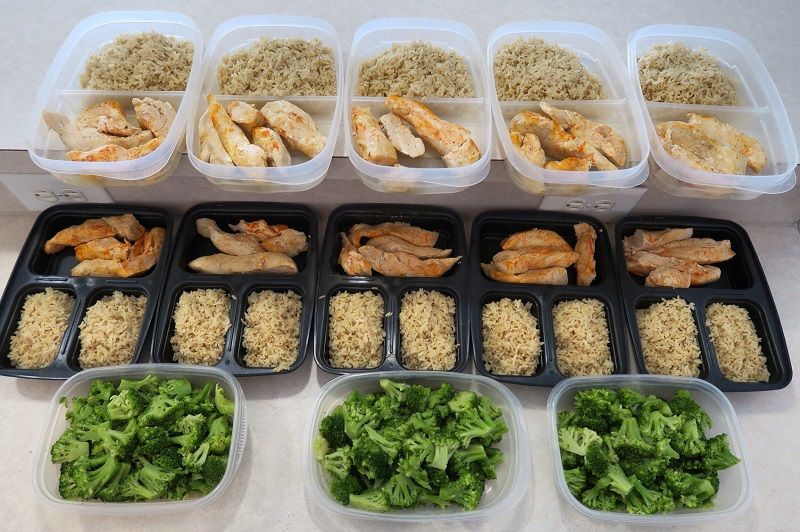 brown rice, green veg, chicken, etc